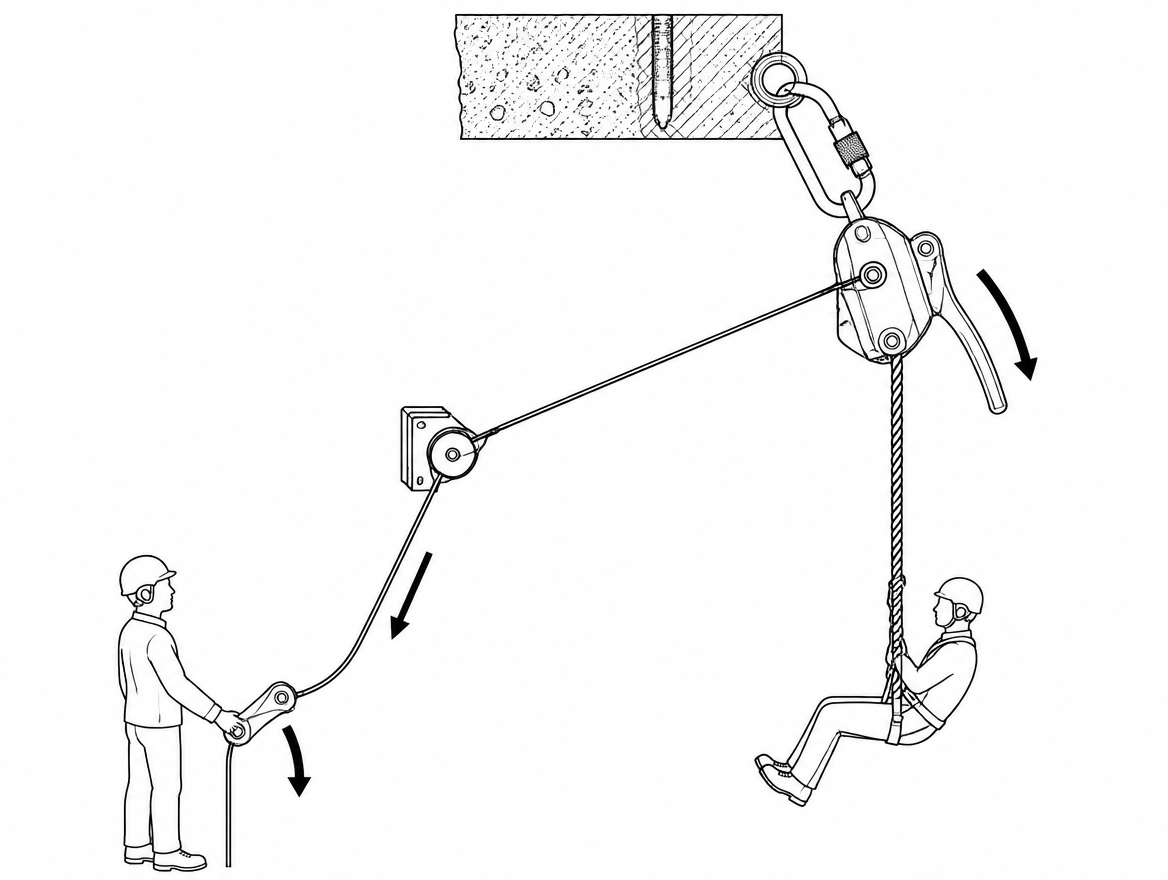Configuration A: descender at the anchor, load on the rope, handle actuated by a cord from a ground operator — note the deviation connector that keeps the cord in line with the han