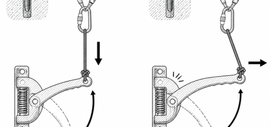 Correct: cord tied to the handle where hand force is intended and routed so the pull stays in the plane of the handle arc. Incorrect: off-axis pull bi
