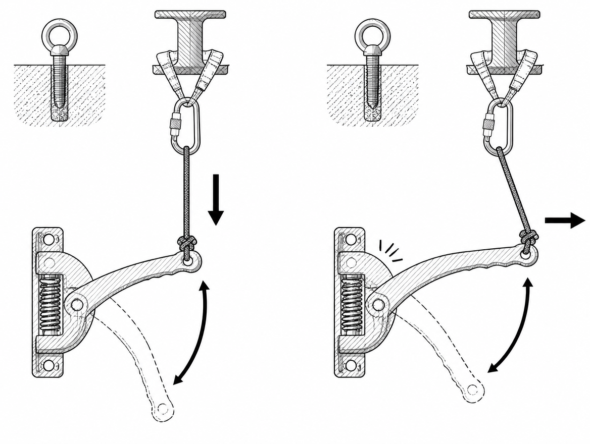 Correct: cord tied to the handle where hand force is intended and routed so the pull stays in the plane of the handle arc. Incorrect: off-axis pull binds the pivot and prevents ful