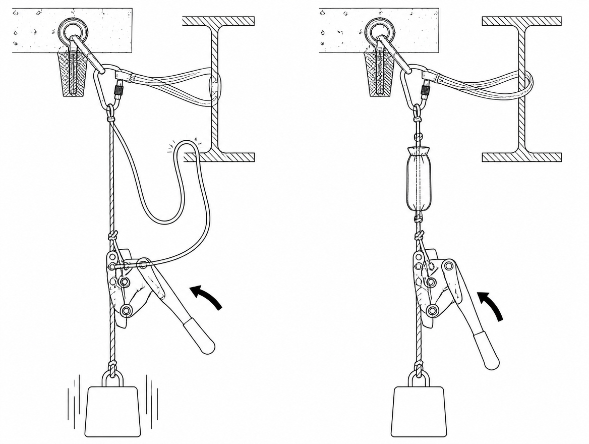 Incorrect: a slack cord loop caught on structure holds the handle open and the load runs. Correct: short, tensioned, bagged cord routed clear of bolts, edges and the running rope.