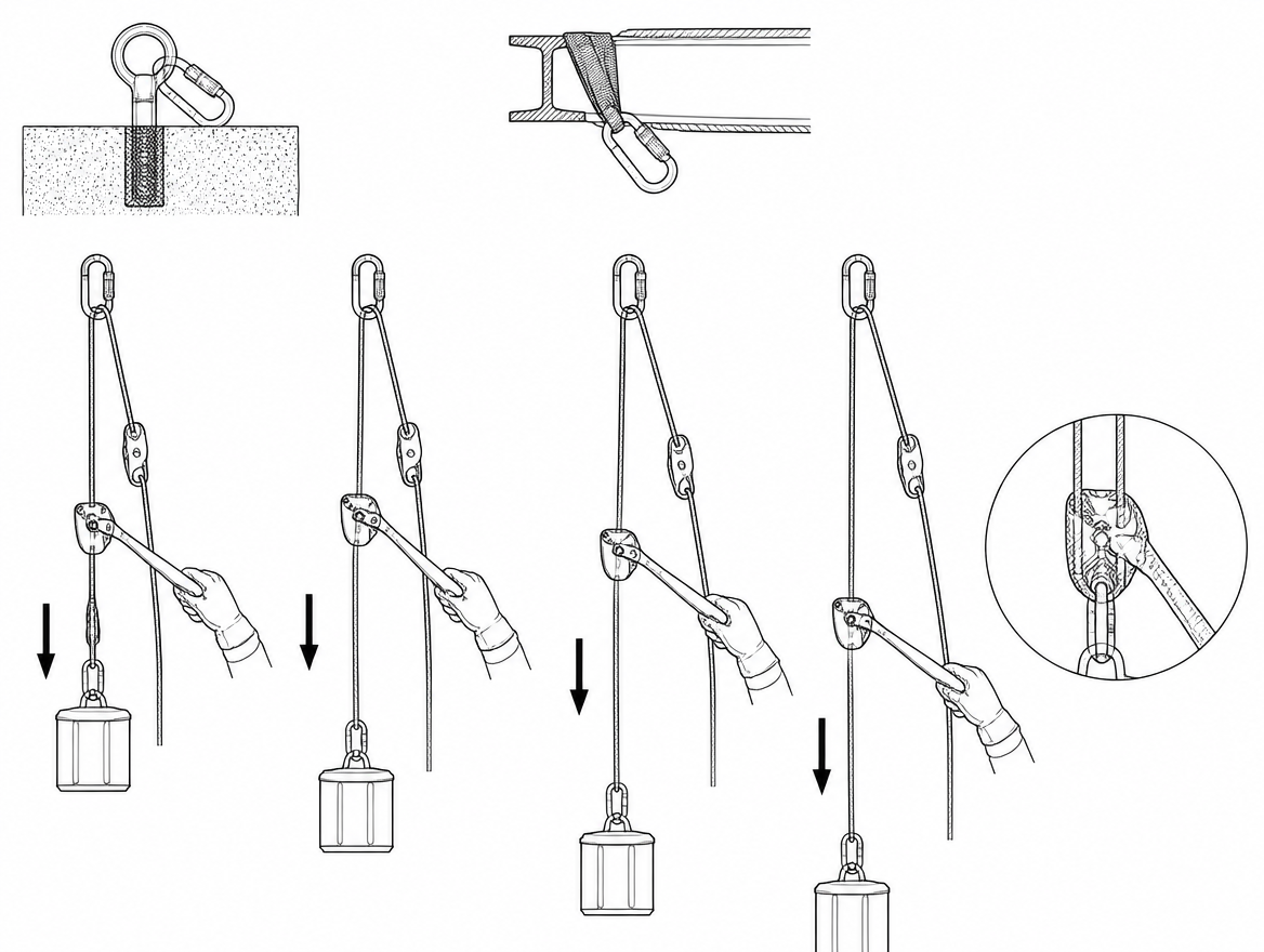 Configuration B: the cord angle at the handle changes continuously as the load descends, altering how much handle travel each pull produces — the second line and back-up device sta