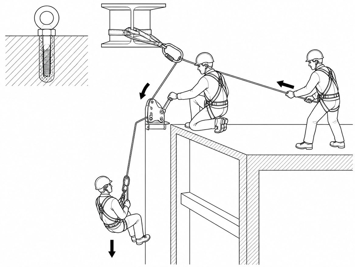 Usually preferable to remoting the handle: hand operation at the device plus a dedicated operator on the brake side, with the load on an independent safety line.