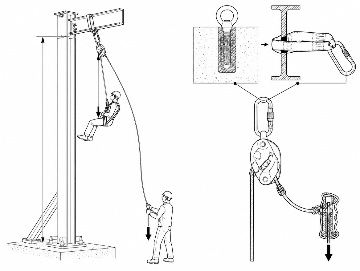 Remoting a descender handle with a cord puts the control point somewhere other than the device: a rescuer at the base of a mast operating a descender rigged 30 m above, or a techni