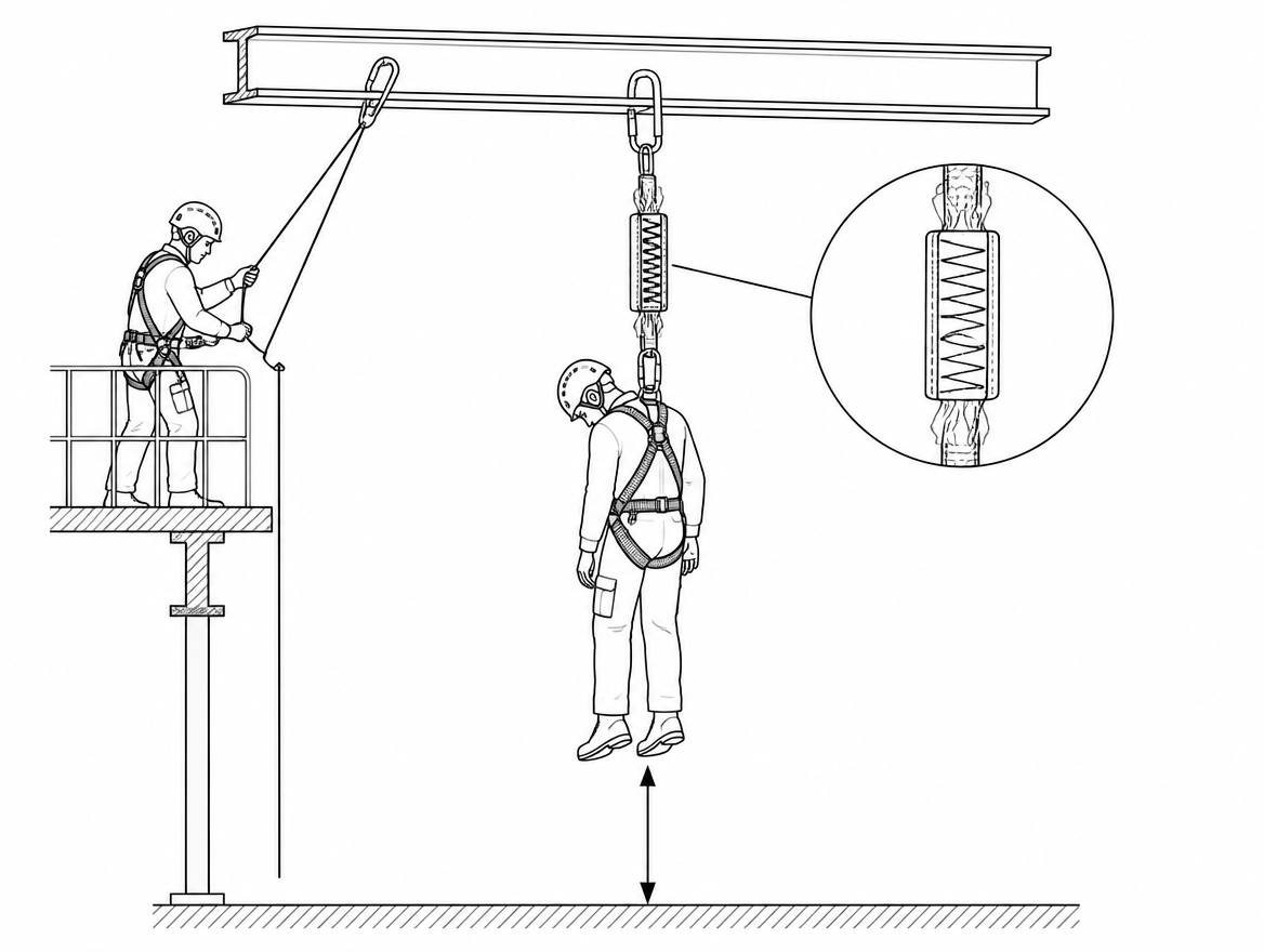 An energy absorber that has deployed has done its job: it has kept the arrest force on the faller within the 6 kN limit set by EN 355. What it has not done is get anyone down. From