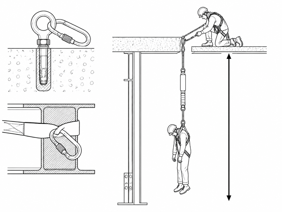 A deployed absorber extends the assembly; EN 354 caps the total lanyard, absorber and connector length at 2 m, so the casualty can hang well over a metre lower than planned.