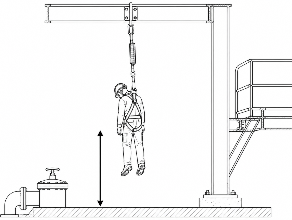 Assess the space below before choosing a method: deployment has already consumed clearance and may have brought the casualty close to lower structure or plant.