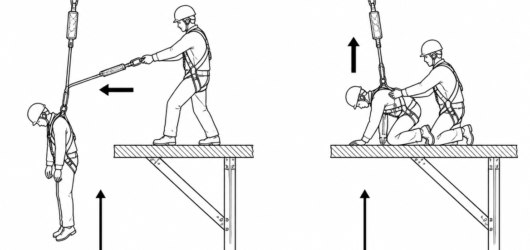 Approach from the side and support the casualty fully on the platform before disconnecting the fall arrest lanyard; never drag a suspended person side