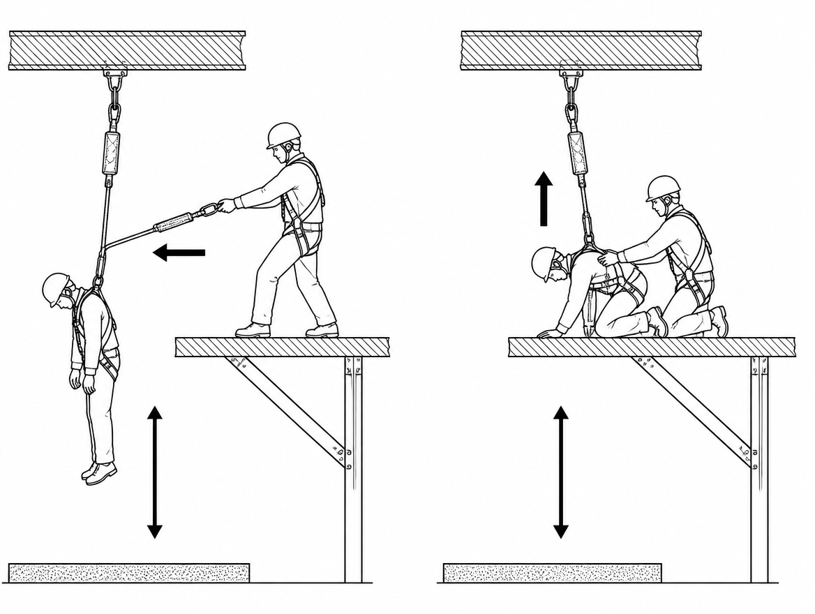 Approach from the side and support the casualty fully on the platform before disconnecting the fall arrest lanyard; never drag a suspended person sideways.