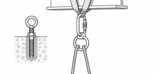 Doubled-rope pull-down: the rope runs through a free-hanging metal ring, never around the beam or across the sling webbing.