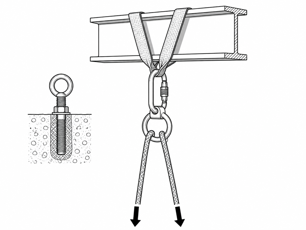 Doubled-rope pull-down: the rope runs through a free-hanging metal ring, never around the beam or across the sling webbing.