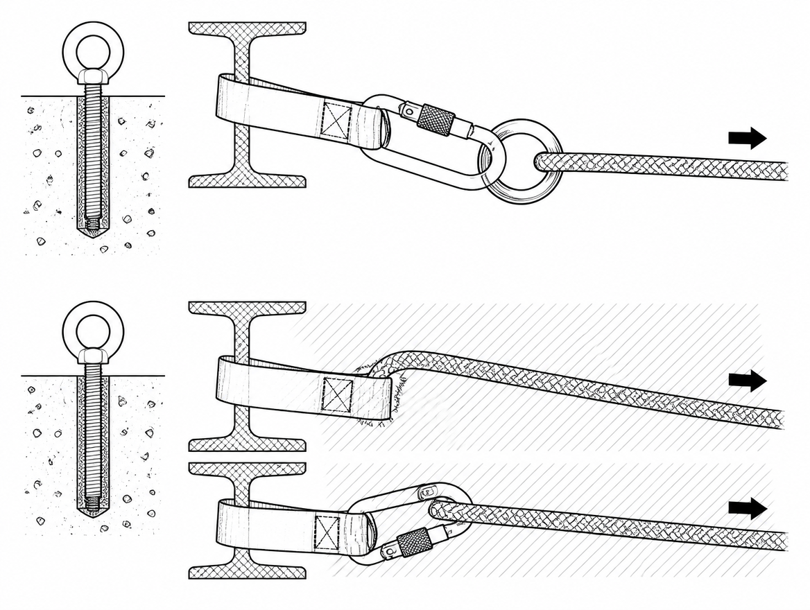 Correct: rope runs on a smooth metal ring. Incorrect (hatched): rope bearing on webbing or on a connector gate — friction heat cuts textile and the gate is loaded off-axis.