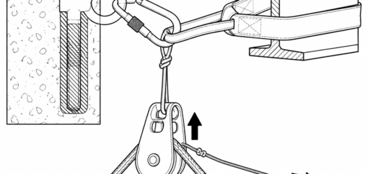 Single-line configuration: the thin retrieval cord releases the block. It carries no person and must be bagged and kept clear of the working line.