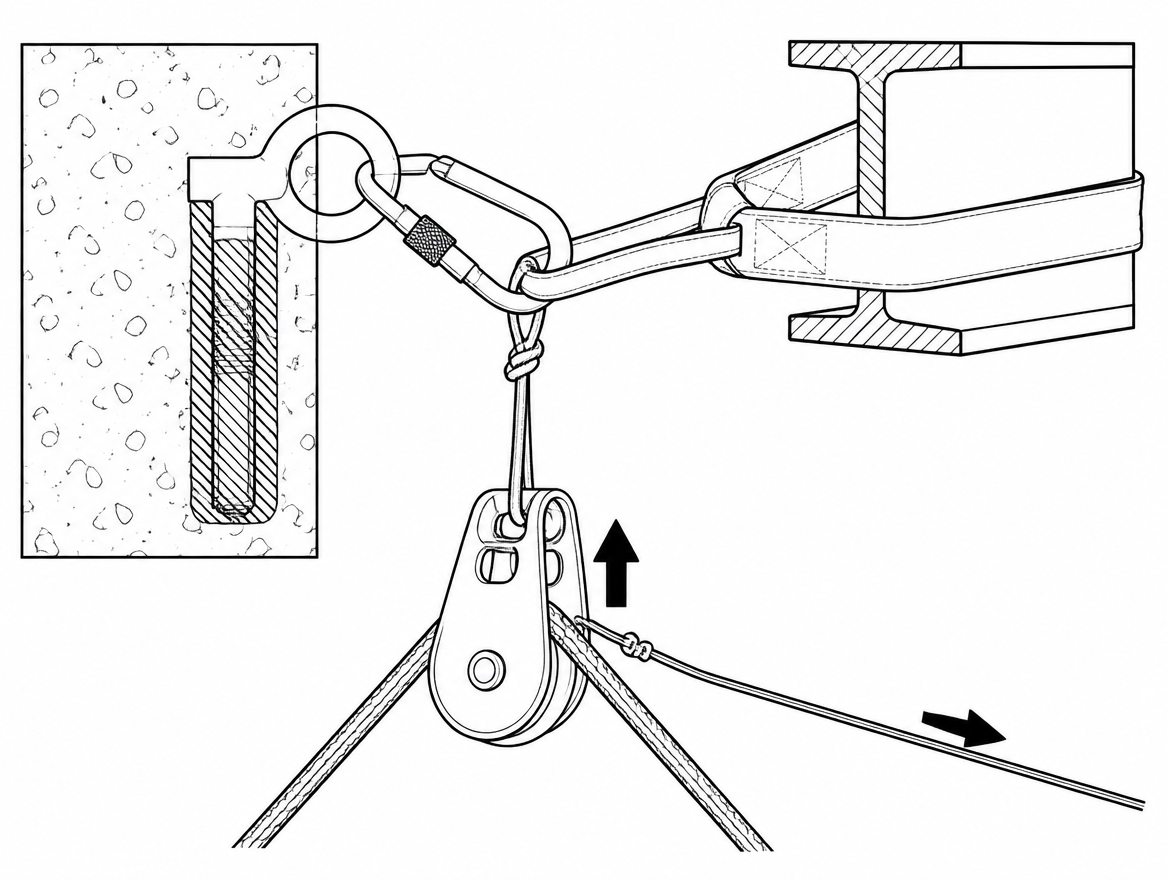 Single-line configuration: the thin retrieval cord releases the block. It carries no person and must be bagged and kept clear of the working line.