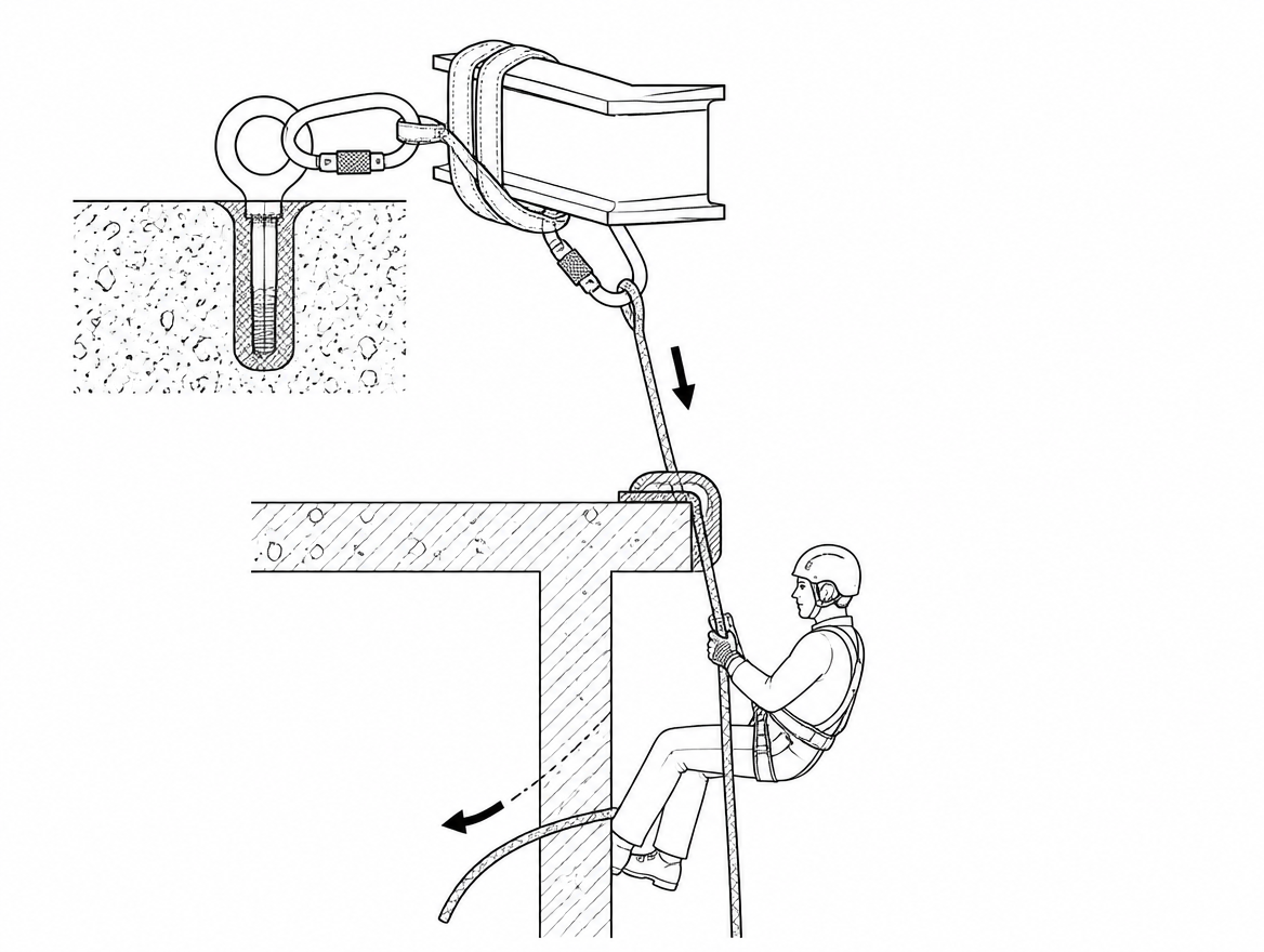 Fixed edge protection prevents abrasion on descent and stops the unloaded rope binding sideways during retrieval.