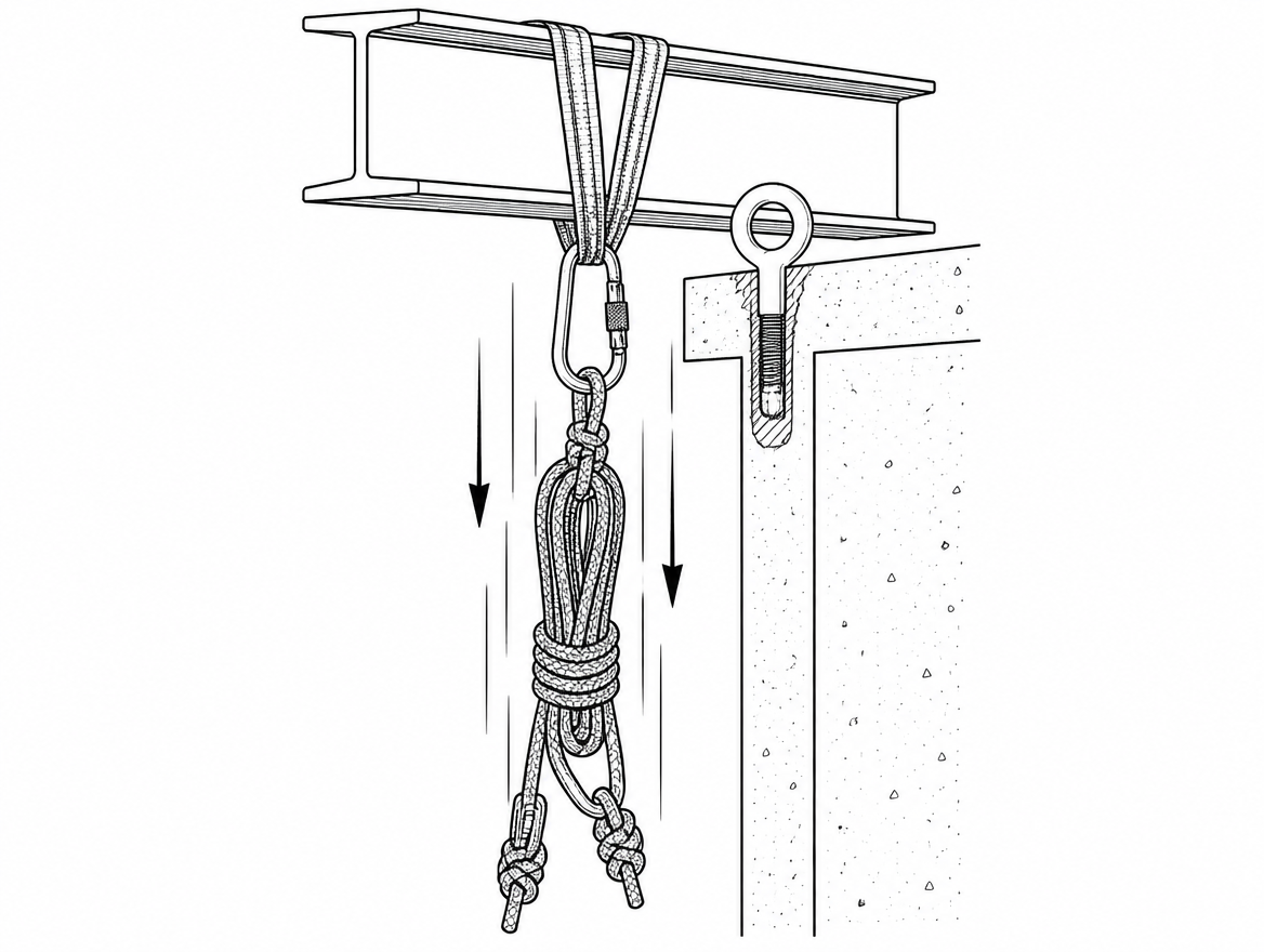 Retrieve from outside the fall line: the rope, its ends and all anchor hardware land under the anchor at speed.