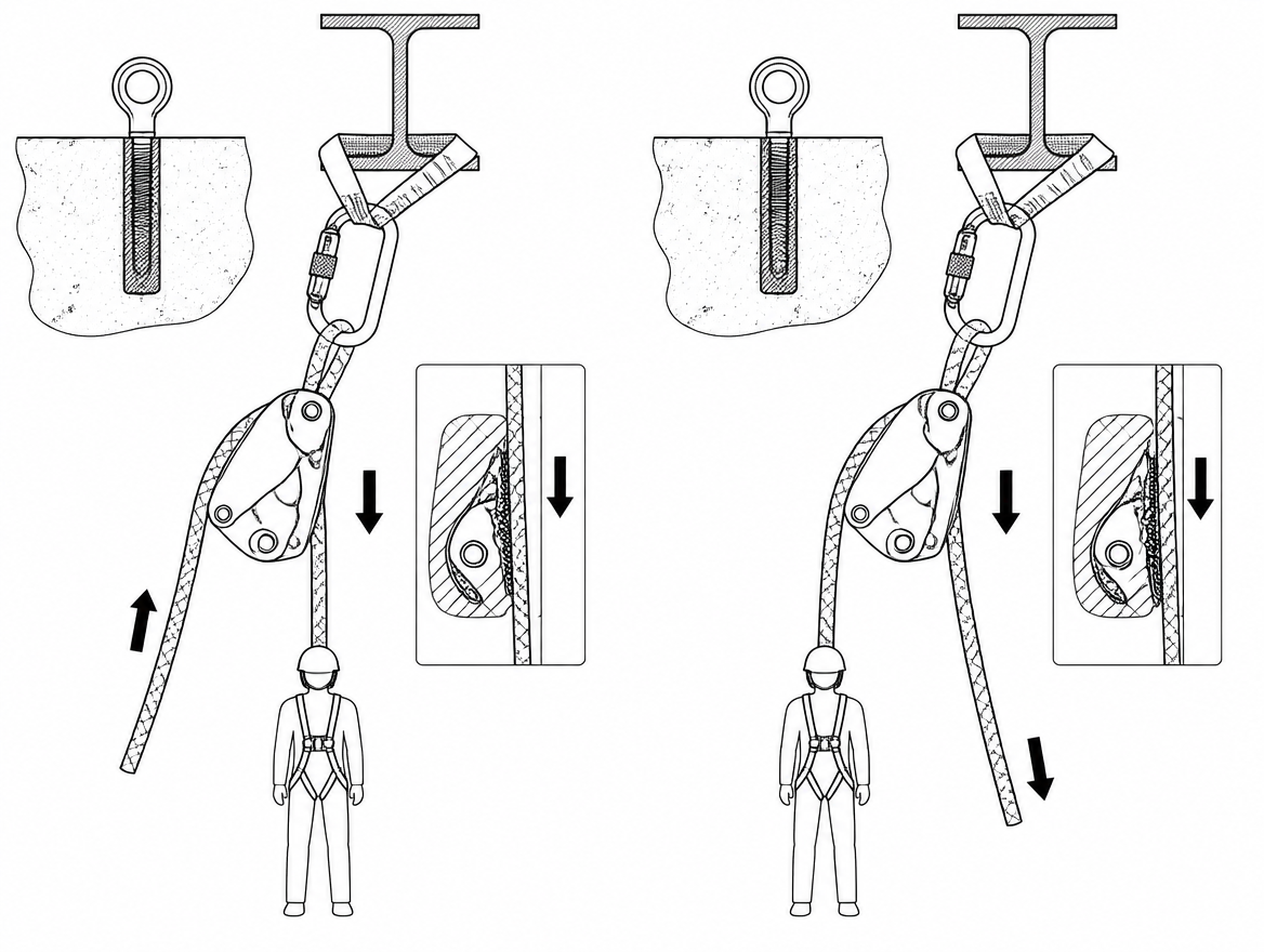 Correct: rope routed per the device pictogram so the cam engages under load. Incorrect: load and free sides reversed — the device may hold a hand-load but will not brake a real one