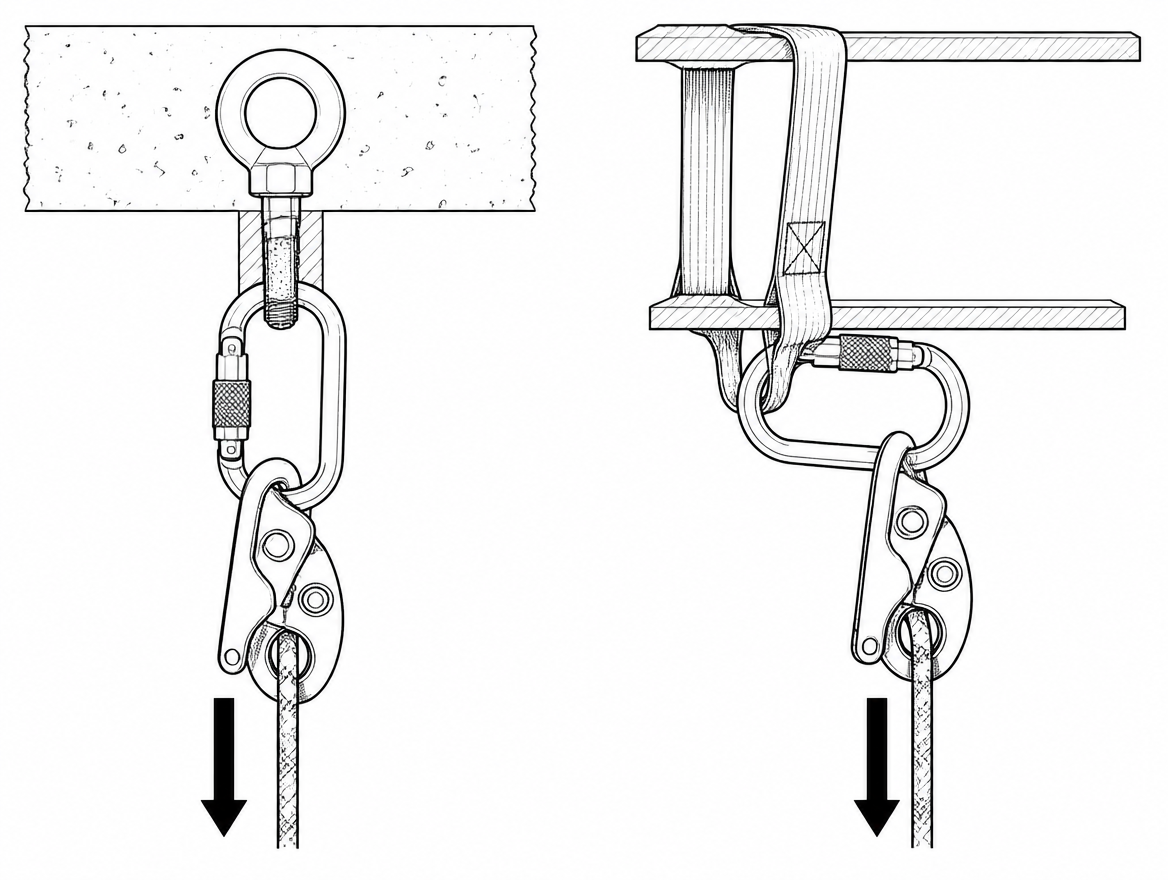 Correct: locking connector loaded along the major axis, gate closed and clear of the structure. Incorrect: cross-loaded with the gate bearing on steelwork.