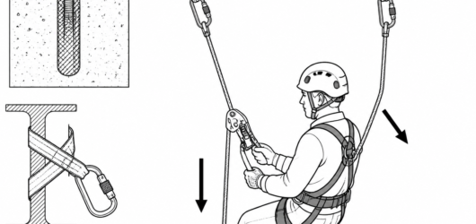 The two-rope principle of EN ISO 22846-2 still applies: independent anchors, and a backup line kept clear of the release path.