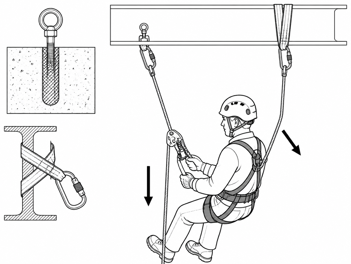 The two-rope principle of EN ISO 22846-2 still applies: independent anchors, and a backup line kept clear of the release path.