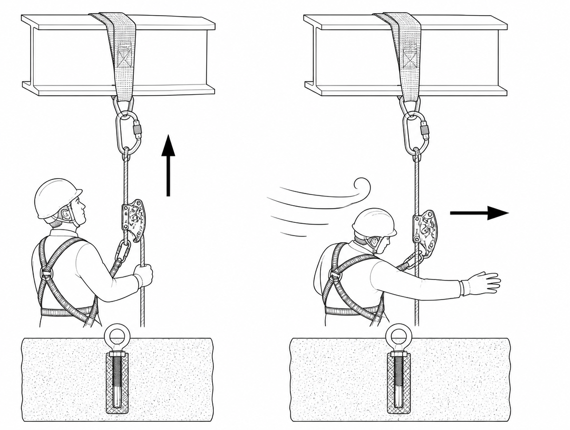 Correct: load acting along the rope axis. Incorrect: wind pushing the user and a flat load sideways loads the device and connector off-axis.