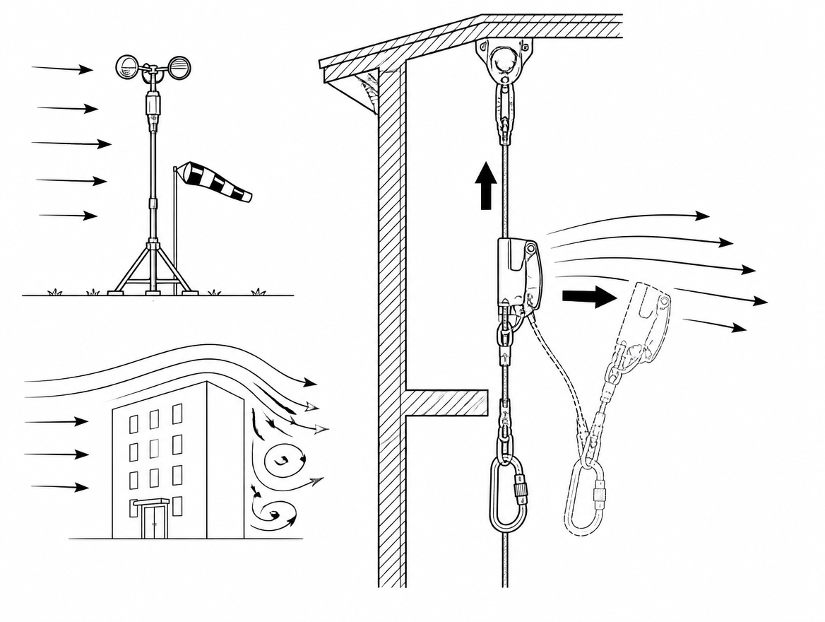 Take the anemometer reading at the work position: ground-level and forecast figures understate wind at height and around corners.