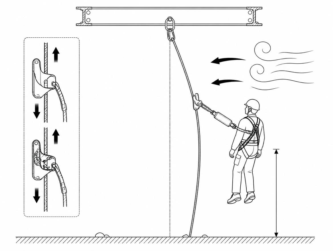 A guided type fall arrester — the device most people on site call a rope grab — is tested and certified on a line that hangs more or less straight, with the user moving broadly up 