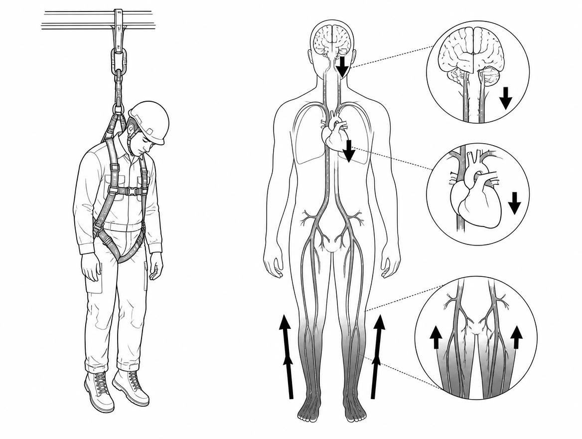 Immobile vertical suspension: blood pools in the legs and pelvis while venous return, cardiac output and cerebral perfusion fall.