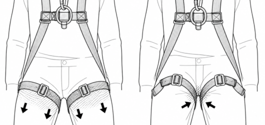 Left, correct: thigh straps snug and load spread across the thigh. Right, incorrect: slack straps let the harness ride up and concentrate pressure at 
