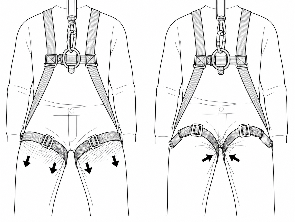 Left, correct: thigh straps snug and load spread across the thigh. Right, incorrect: slack straps let the harness ride up and concentrate pressure at the femoral area.