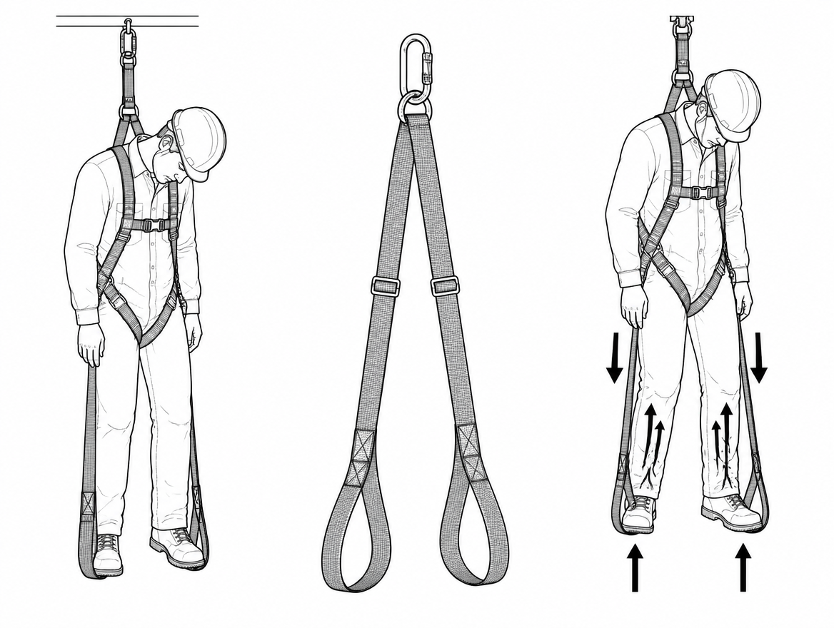 Suspension relief straps deployed: standing in the loops unloads the thigh straps and lets the calf muscles restore some venous return - possible only while the worker is conscious