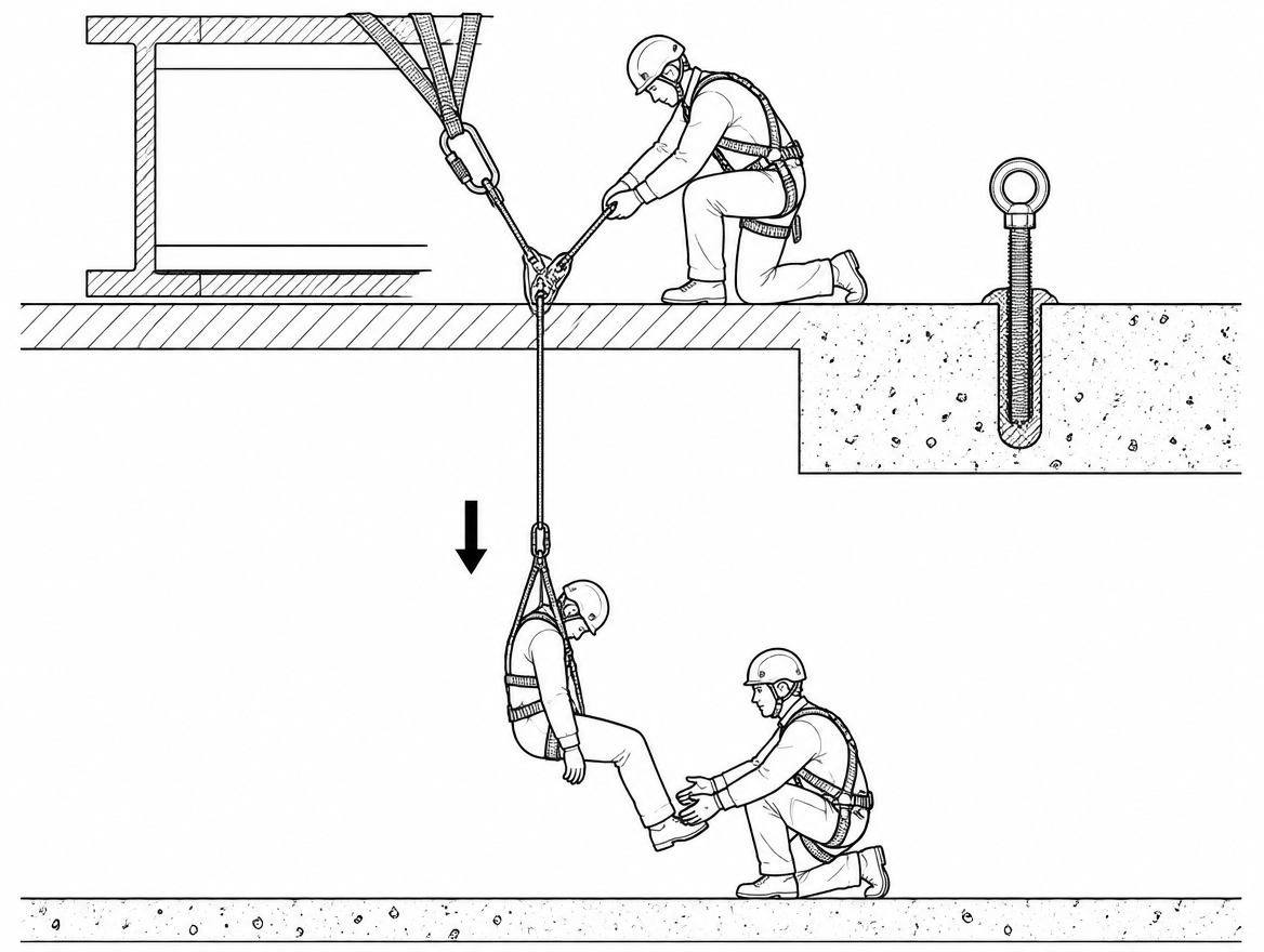 Rescue from above using a pre-rigged anchor and a lowering device: the goal is to bring the casualty to a level where they can be laid flat.