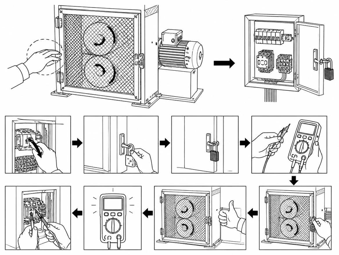 Testing for absence of voltage is the step that converts an assumed isolation into a proven one, and the sequence matters as much as the test itself — skipping or reordering steps 