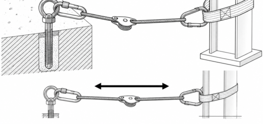 A tensionless wrap avoids the strength loss of a knot; the back-up is anchored to a separate structural member, not to the same point.