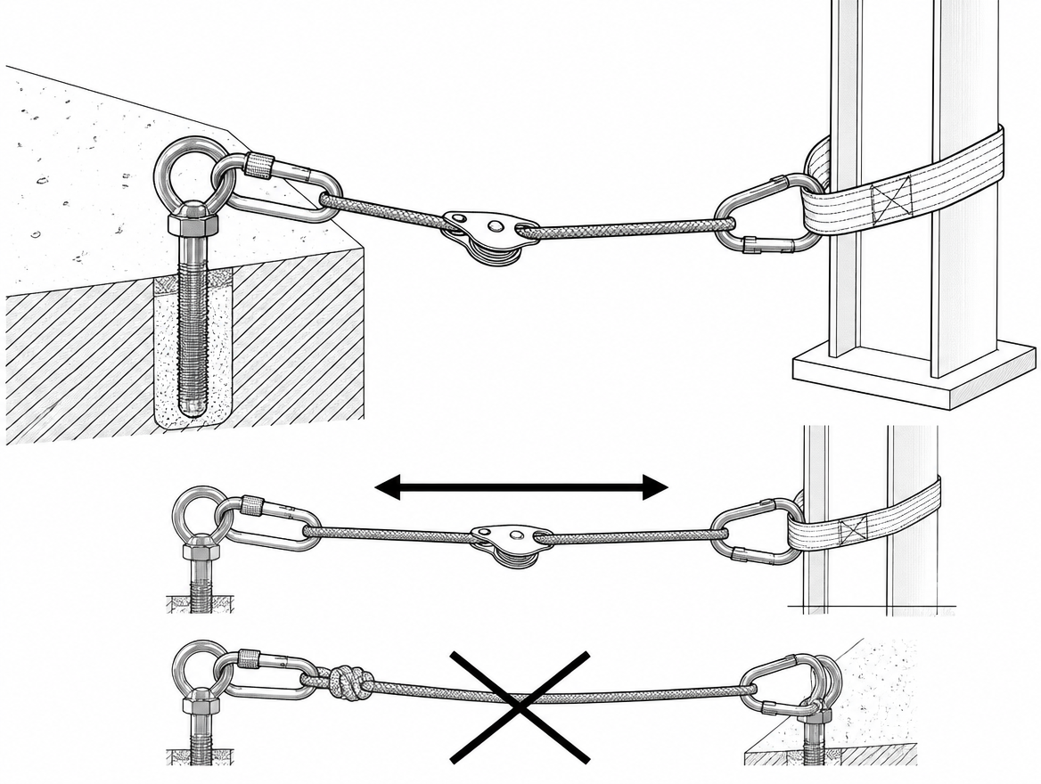A tensionless wrap avoids the strength loss of a knot; the back-up is anchored to a separate structural member, not to the same point.