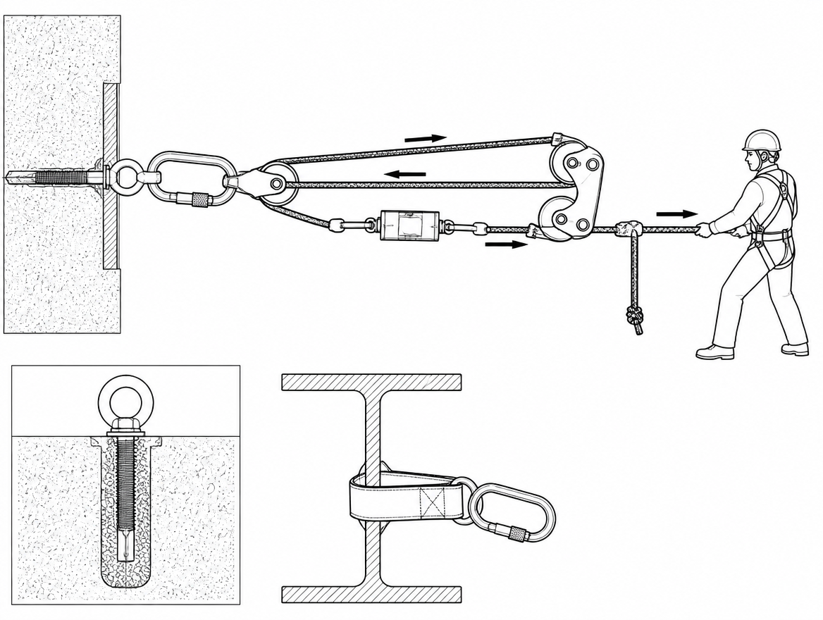 A low-ratio 3:1 haul plus an inline load cell keeps tension both limited and measurable; progress capture holds the line without relying on grip.