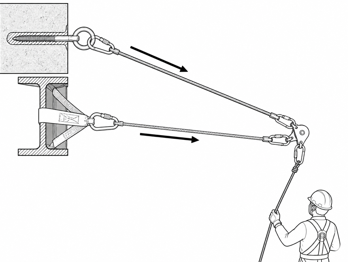 Correct: working line and separately anchored safety line, both connections locked and loaded along the major axis, with a tag line for control from the ground.