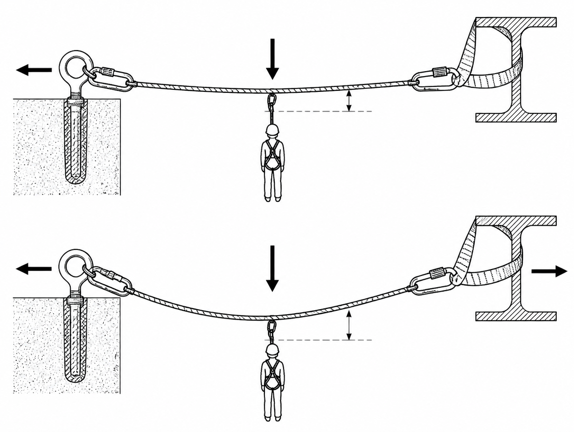 Less sag means more tension: at 2% sag each anchor sees roughly 12.5 times the suspended load, at 10% sag roughly 2.5 times.
