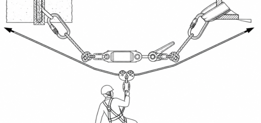 Both ends of a traverse carry the full rope tension: two independent anchor points, a narrow sling angle, an inline load cell and a tensioning system 