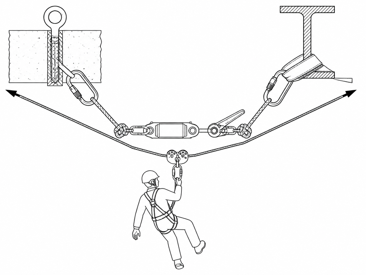 Both ends of a traverse carry the full rope tension: two independent anchor points, a narrow sling angle, an inline load cell and a tensioning system that can be released under loa