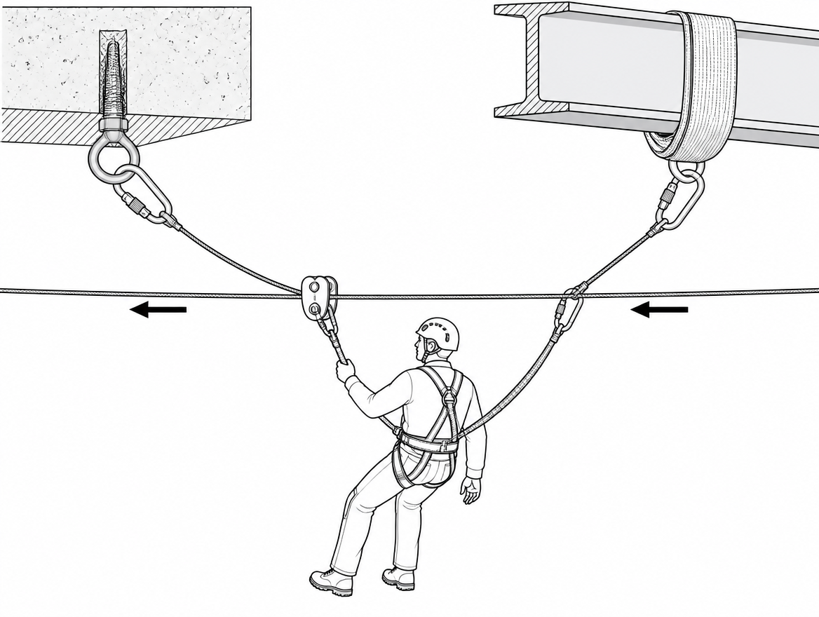 Two lines, two anchors: the working attachment is short and ventral into the trolley, and the backup rides an independently anchored safety line.