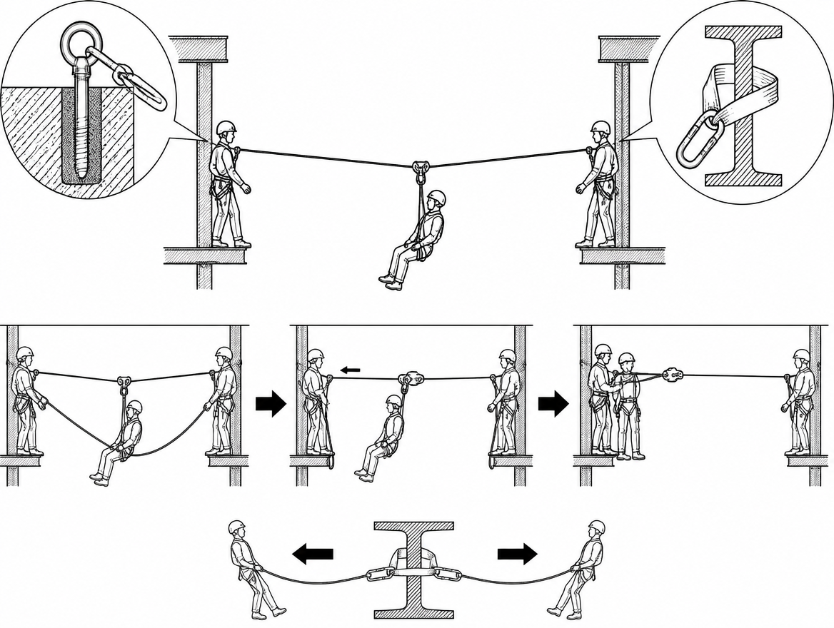 A person stalled at mid-span cannot usually self-rescue - the retrieval method, the release of tension and the two-person anchor rating are decided before the first crossing.