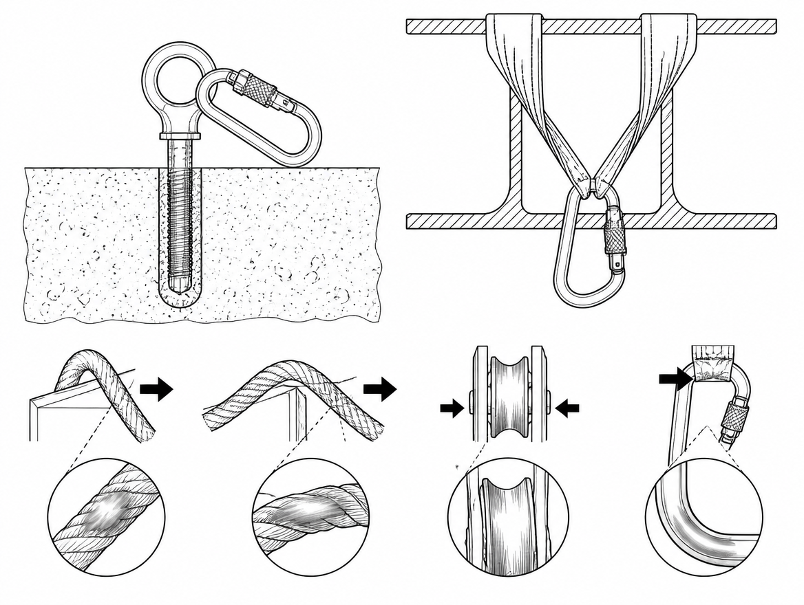 Pre-use checks target the specific defects a traverse produces: glazing and flat spots where rope crossed edges, sheave grooving from high tension, and wear at the connector bearin