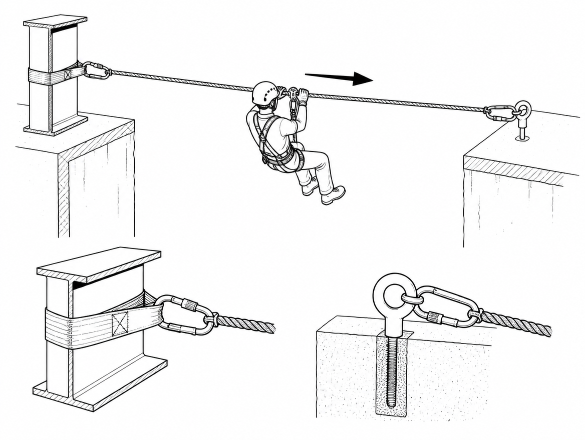 A Tyrolean traverse moves a person or a load along a tensioned rope between two anchor points, usually across a gap that cannot be crossed on foot: a shaft, a river, a gap between 