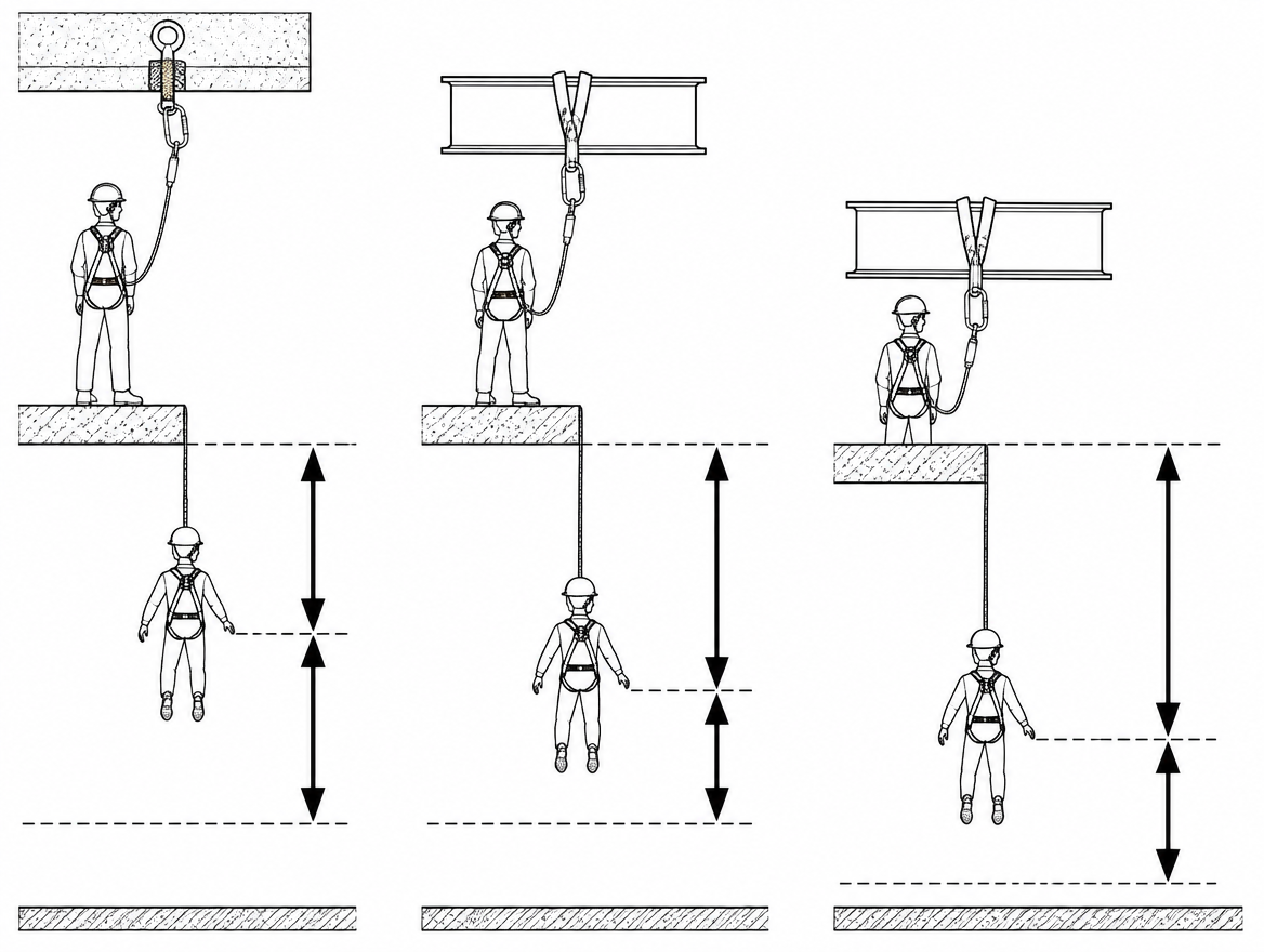 Same lanyard, three anchor heights: every metre the anchor drops adds a metre of free fall and a metre of required clearance.