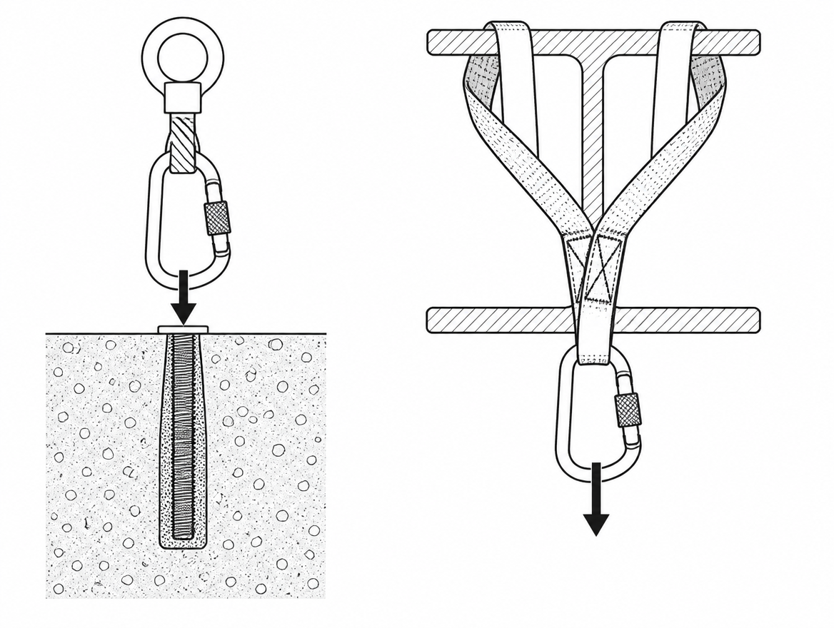 Correct: an EN 795 Type B anchor sling choked around the beam gives a rated metal attachment point, with the connector loaded along its spine.