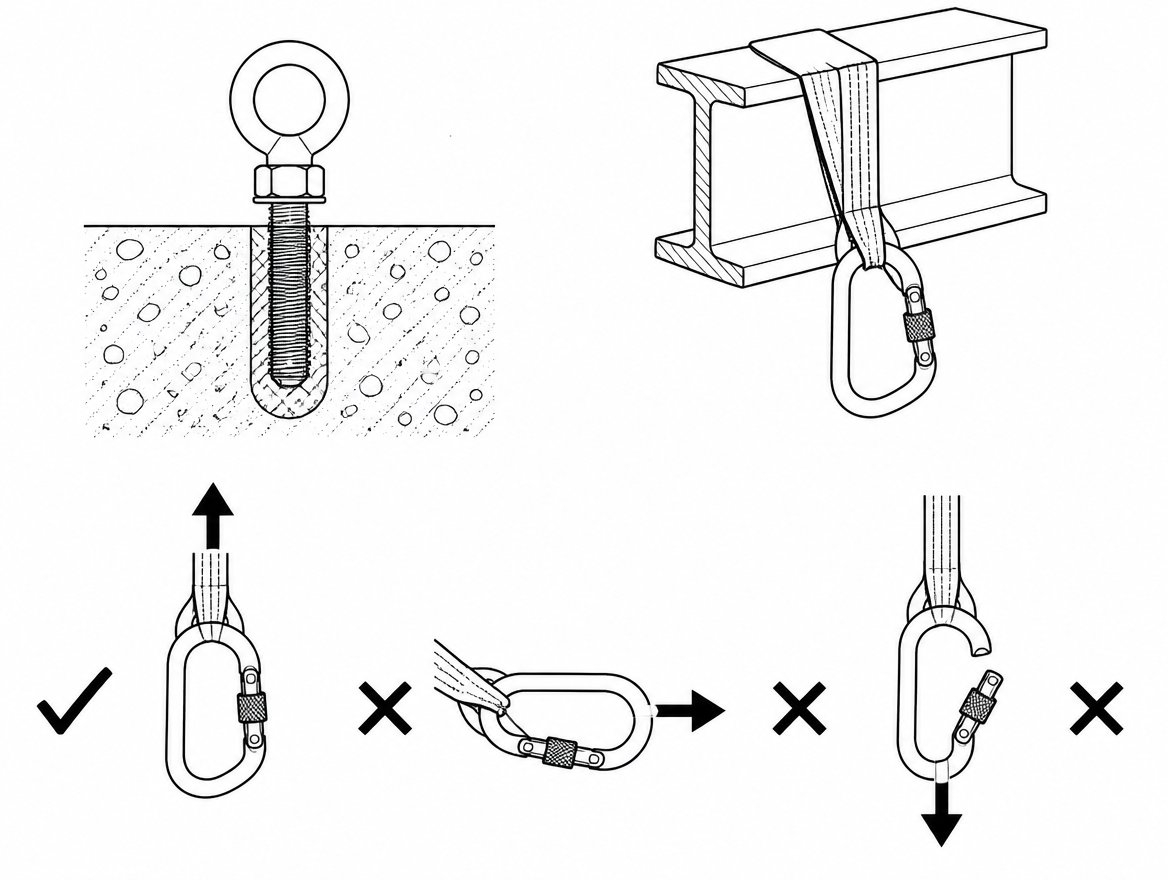 Connector ratings under EN 362 apply to the major axis with the gate closed and locked; sideways and gate-open loading is far weaker.