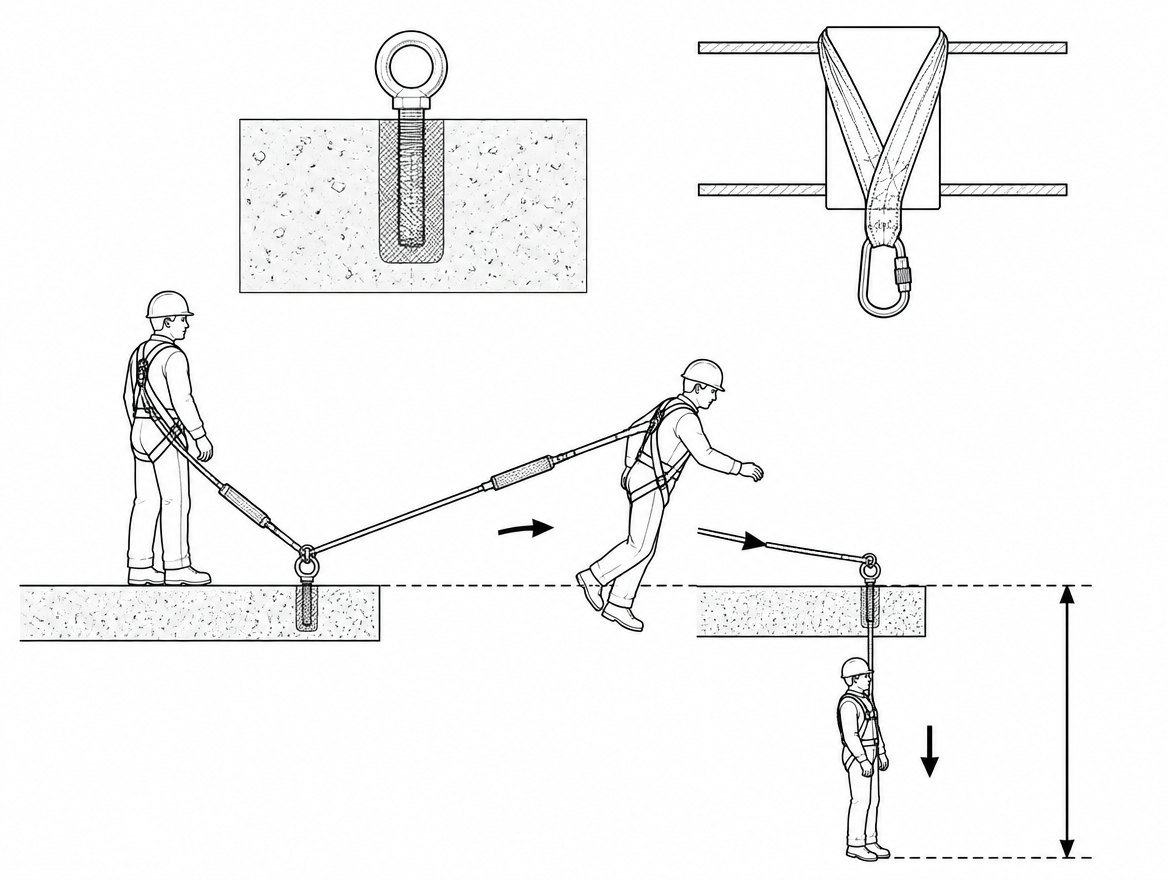 Anchor height decides the fall factor: a foot-level attachment with a 2 m lanyard creates a factor 2 fall that not every EN 355 absorber is rated to arrest.