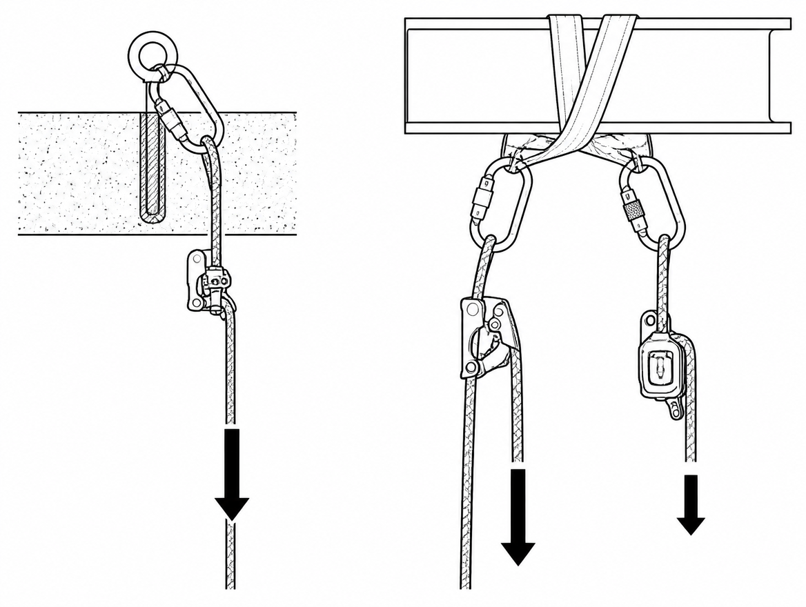 Incorrect (left): one clamp, one rope, one anchor - no second load path. Correct (right): working line with ascender plus separately anchored safety line with an EN 12841 type A ba