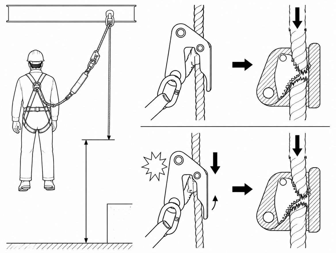 A toothed cam grips under progressive load but acts as a cutting edge under shock load - the reason EN 12841 type B ascenders are not qualified as fall arrest devices.