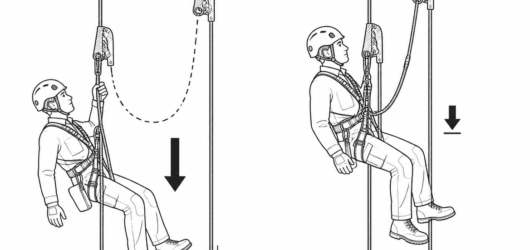 Slack defeats the second line: keep the backup device high and short so any fall on the safety line stays short and near-static.